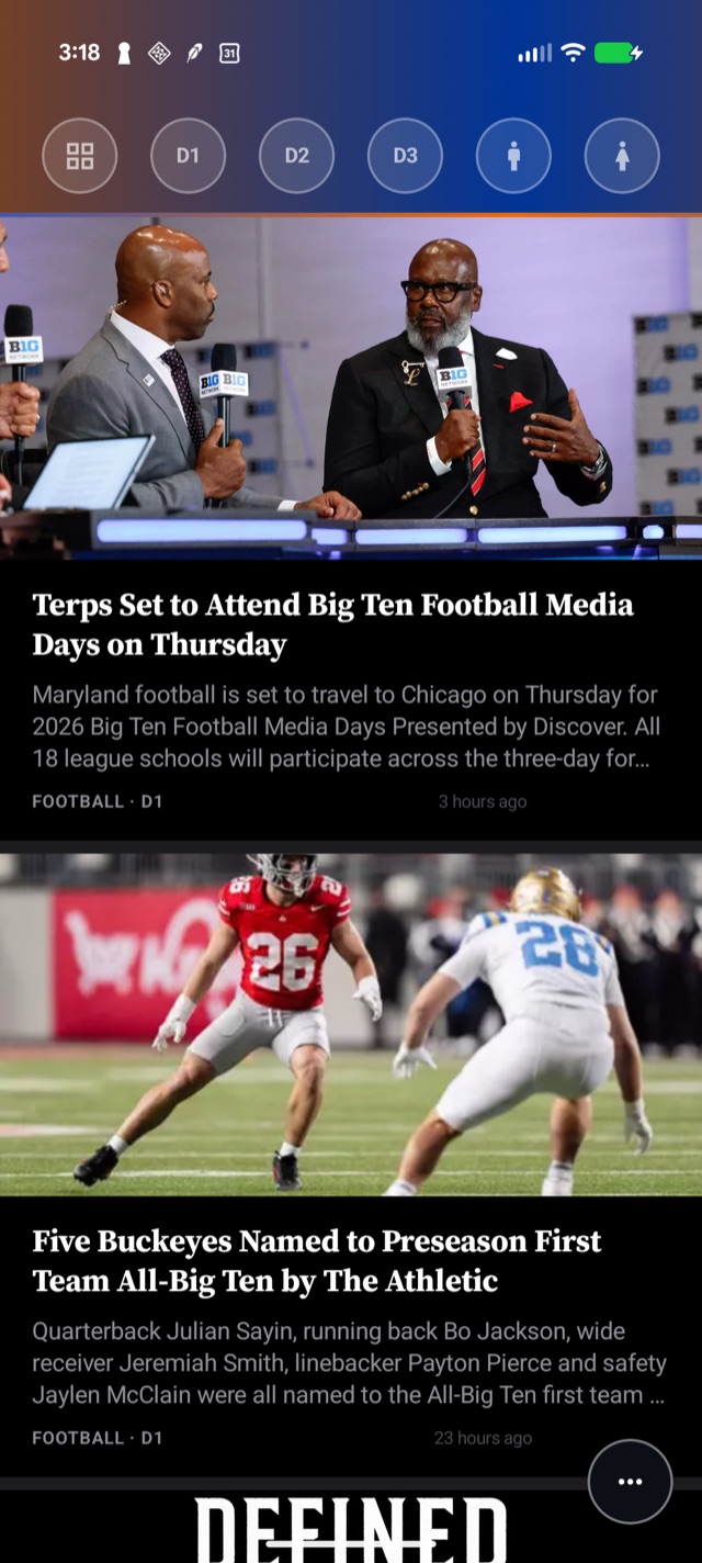 FullRoster News feed showing football stories from followed schools