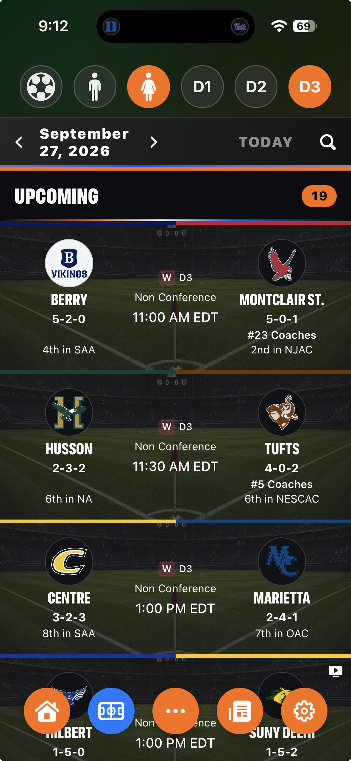 FullRoster Sports D3 women's soccer slate with records, rankings and conference standing for each team