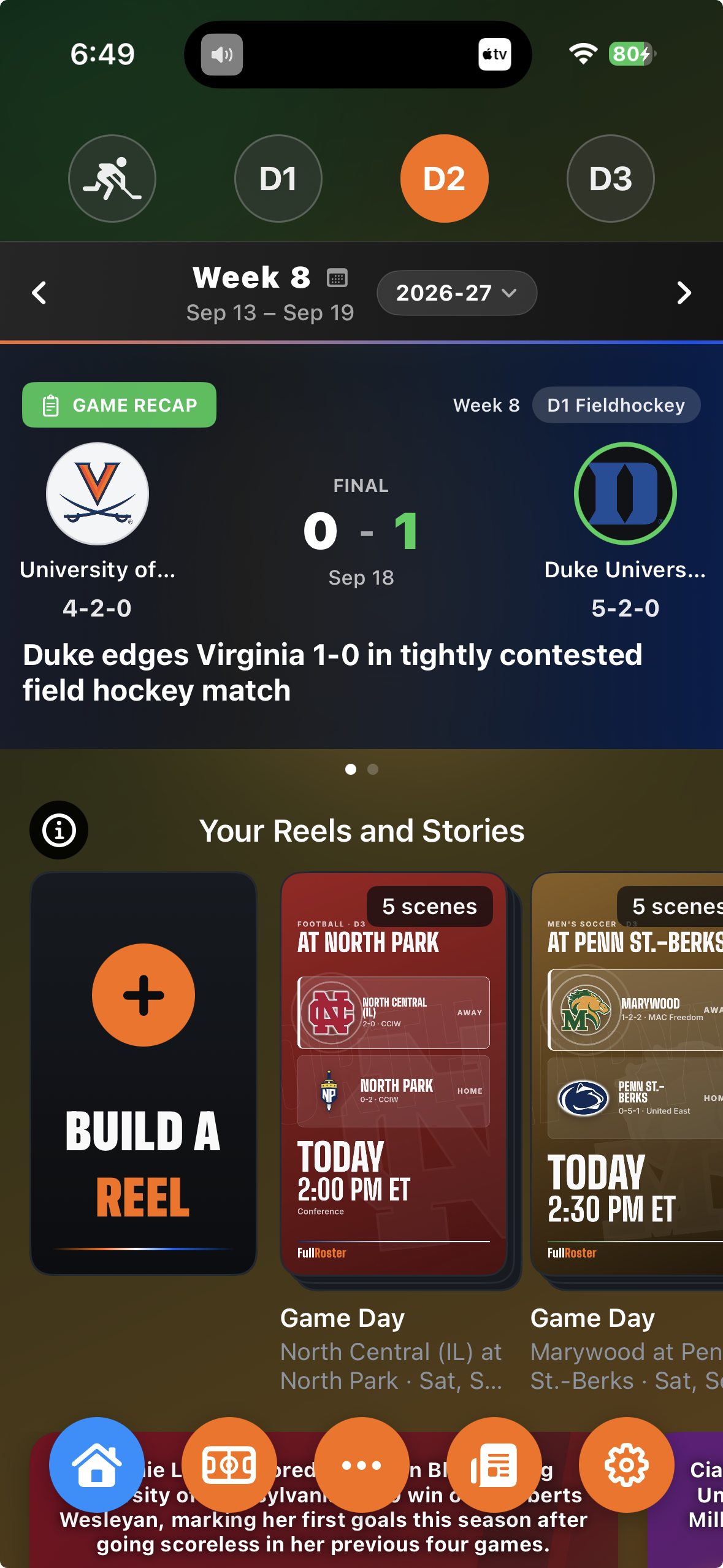 Personalized dashboard with a game recap for a followed team and your Reels and Stories