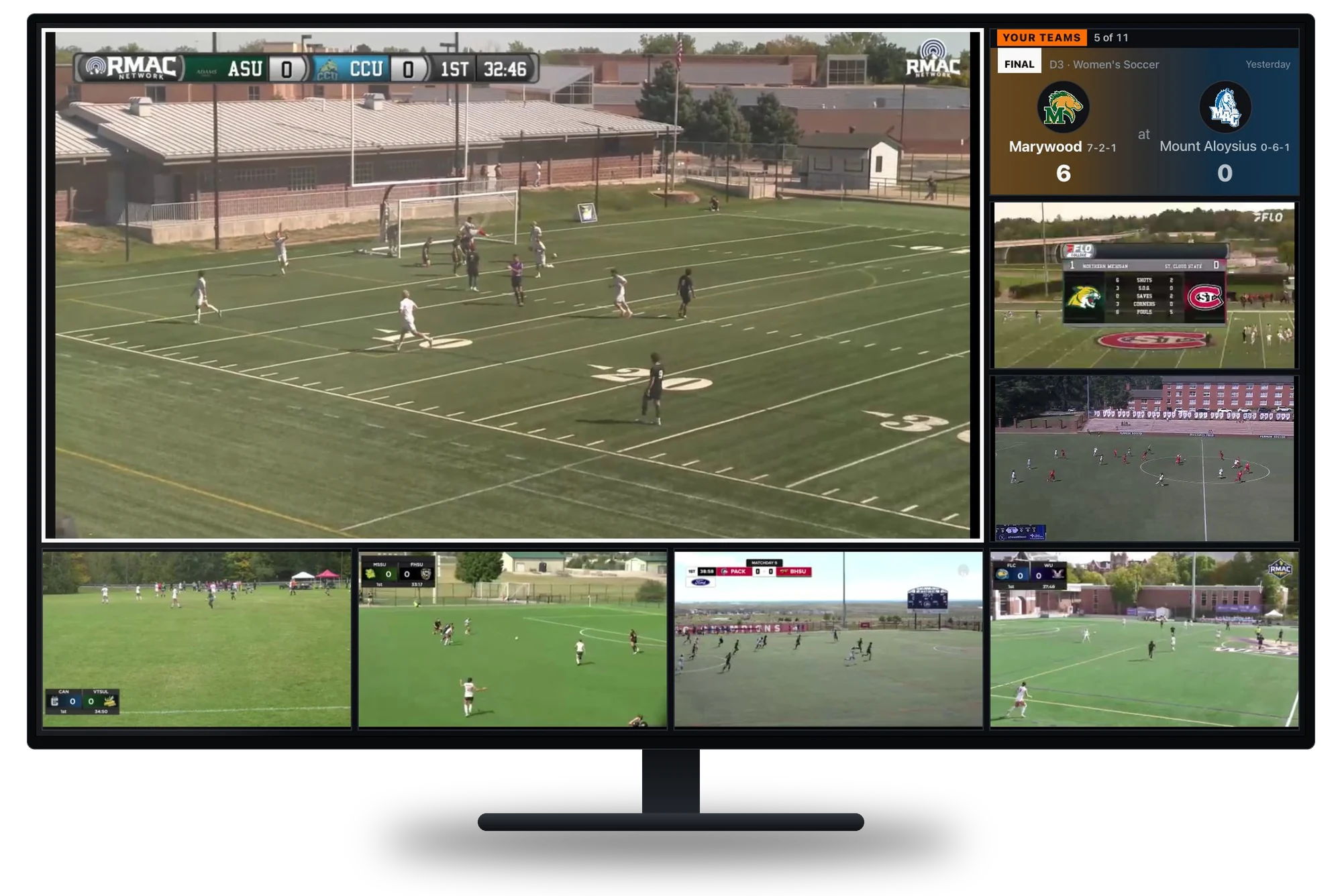 FullRoster on a TV: a live RMAC soccer game as the main tile, six more live games and Marywood's 6-0 final in the Your Teams corner