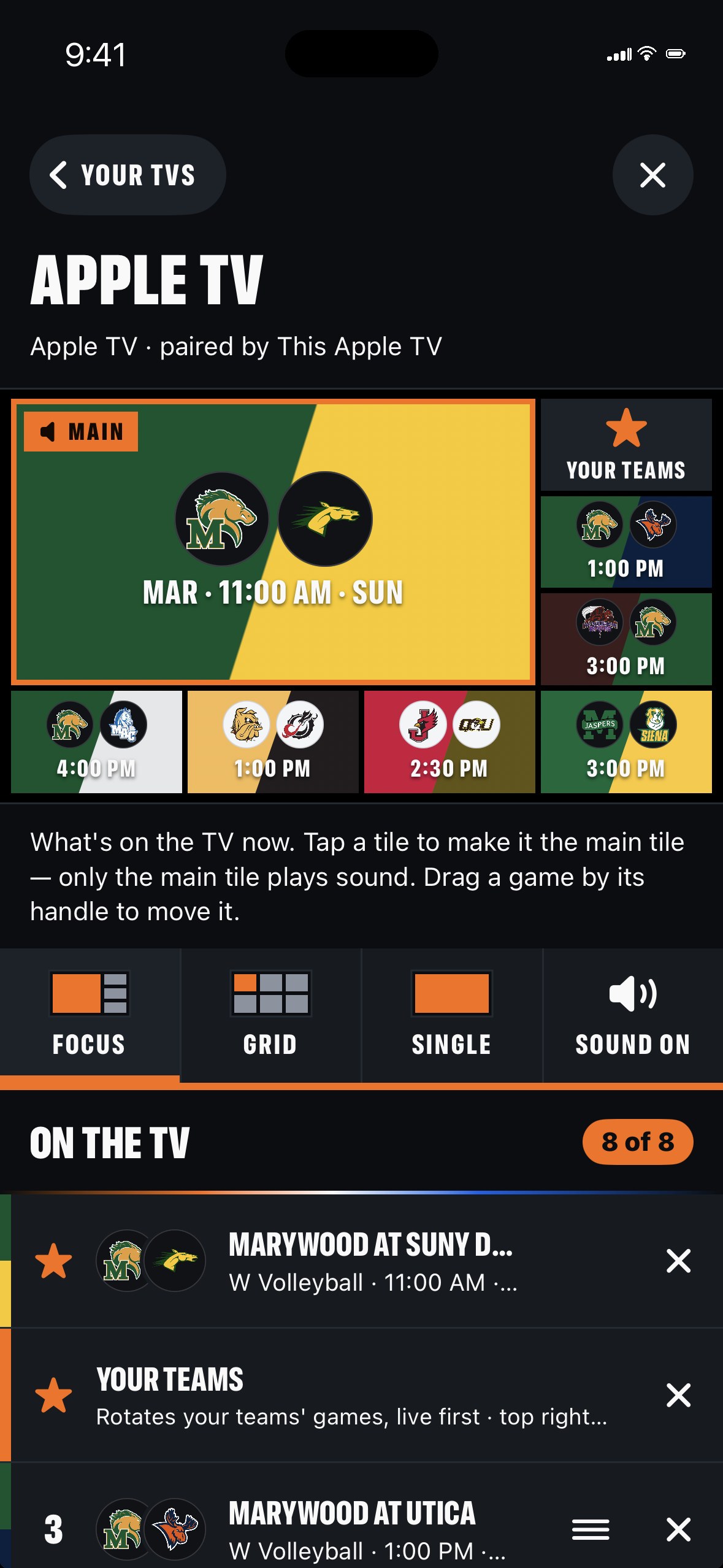 The phone remote for a paired Apple TV: the board with a main tile, layout buttons and the lineup of games on the TV